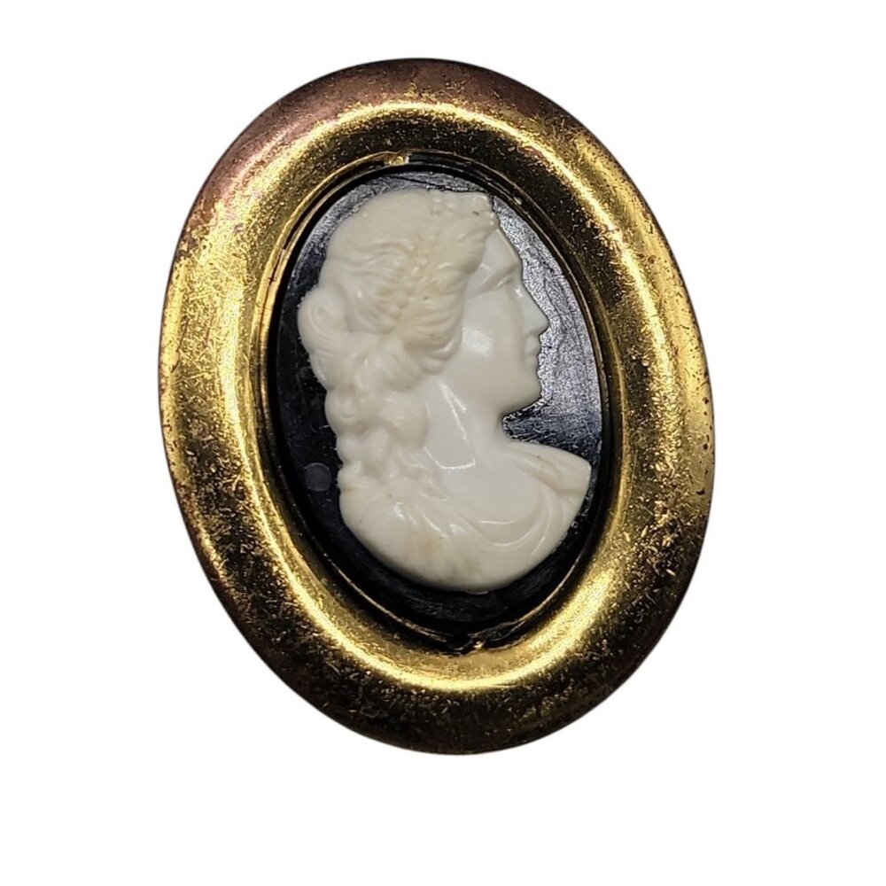 VTG Molded Celluloid Cameo Brooch Gold Tone Frame Black White Victorian Lady